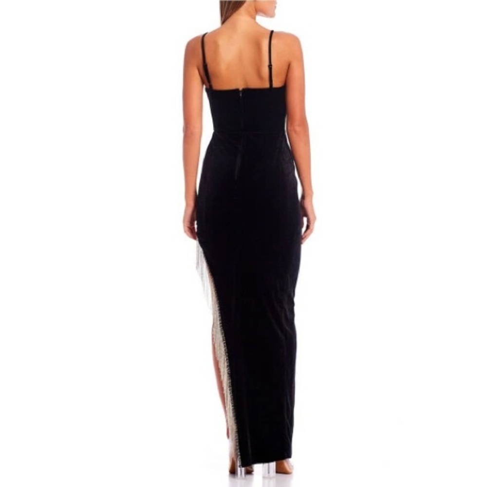 City Vibe: Scoop Neck Long Black Velvet Evening Gown with Rhinestone Fringe - Picture 2 of 13
